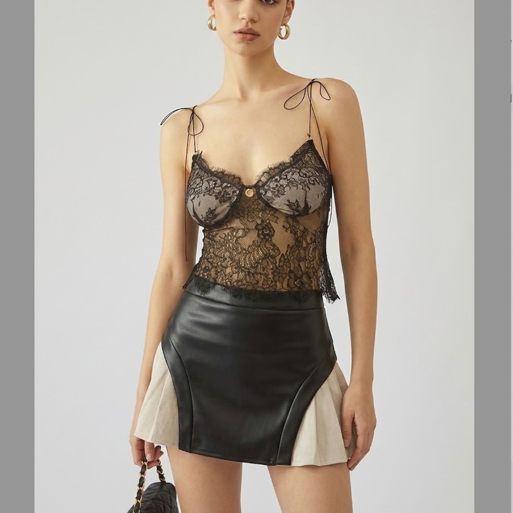 Black Leather Mini Skirt with Cream Panel Details